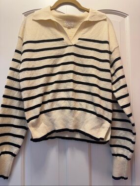 Thread & Supply Cream and Black Striped V‑Neck Collared Sweater